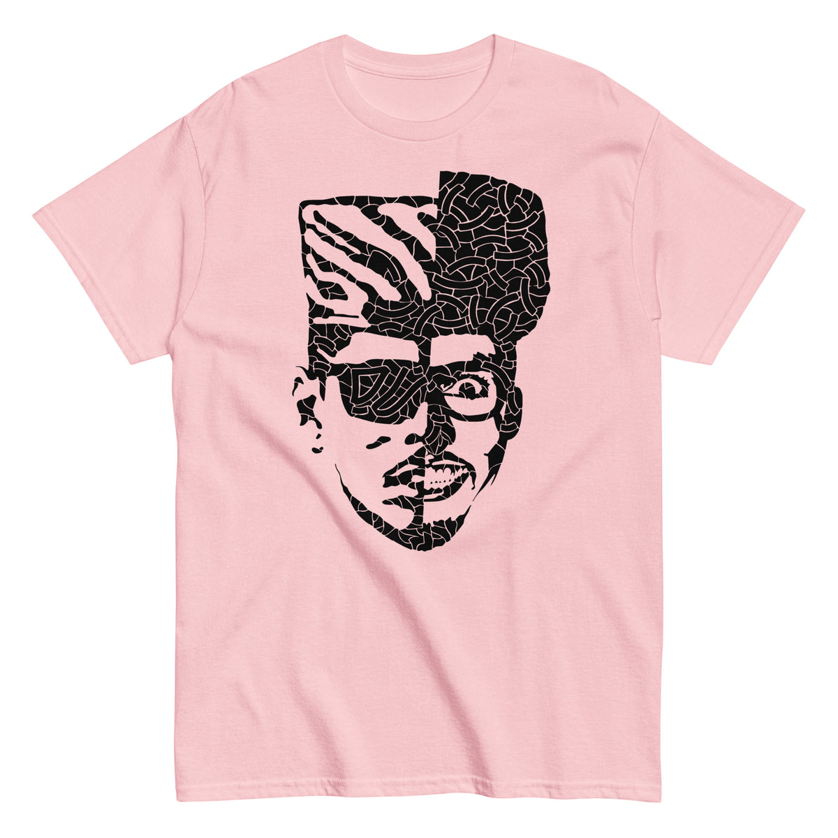 graphic tee with image of shock G. pink tee with black print image
